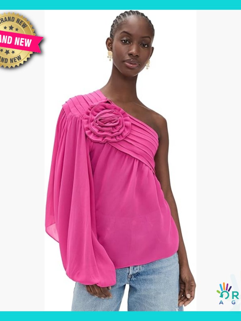 One Shoulder Blouse Elegant Chic Rose Applique Long Puff Sleeves Crepe Fabric